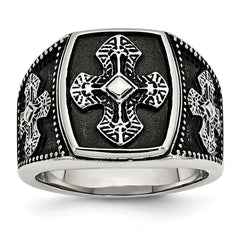 Stainless Steel Antiqued Polished and Textured Cross Ring