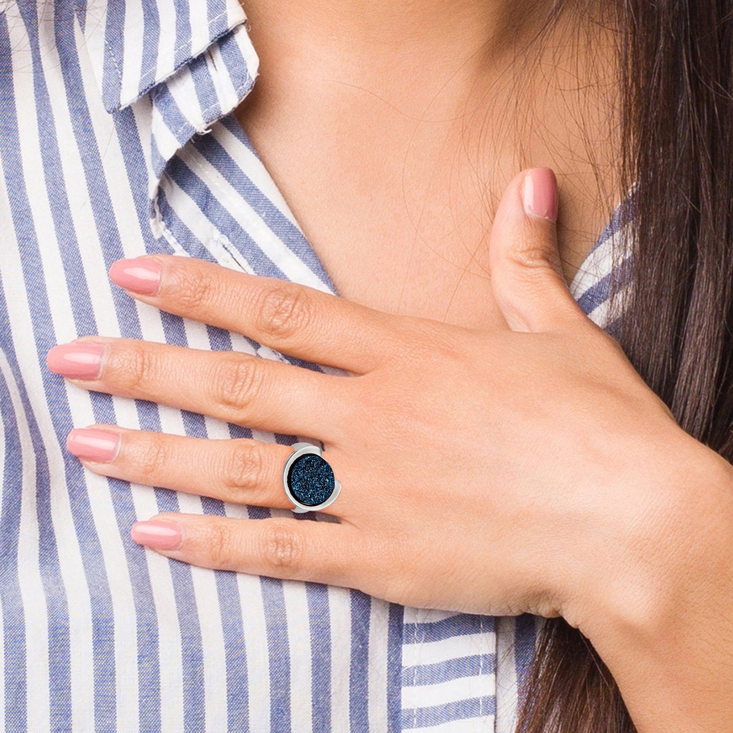 Stainless Steel Polished with Blue Druzy Stone Ring