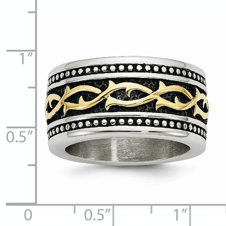 Stainless Steel Antiqued and Polished Yellow IP-plated 13.25mm Band