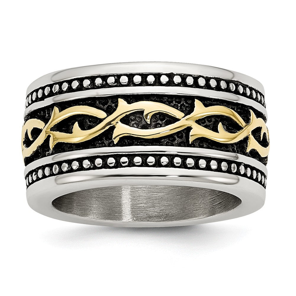 Stainless Steel Antiqued Gold Tone Wedding Band with Polished Finish