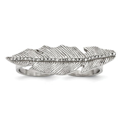 Stainless Steel Polished&Antiqued Leaf Two Finger 8/9 Crystal Ring