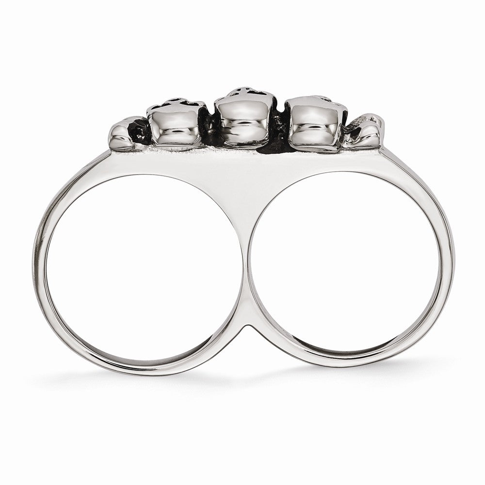 Stainless Steel Polished & Antiqued Two Finger Skulls Ring