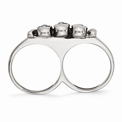 Stainless Steel Polished & Antiqued Two Finger Skulls Ring