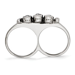 Stainless Steel Polished & Antiqued Two Finger Skulls Ring