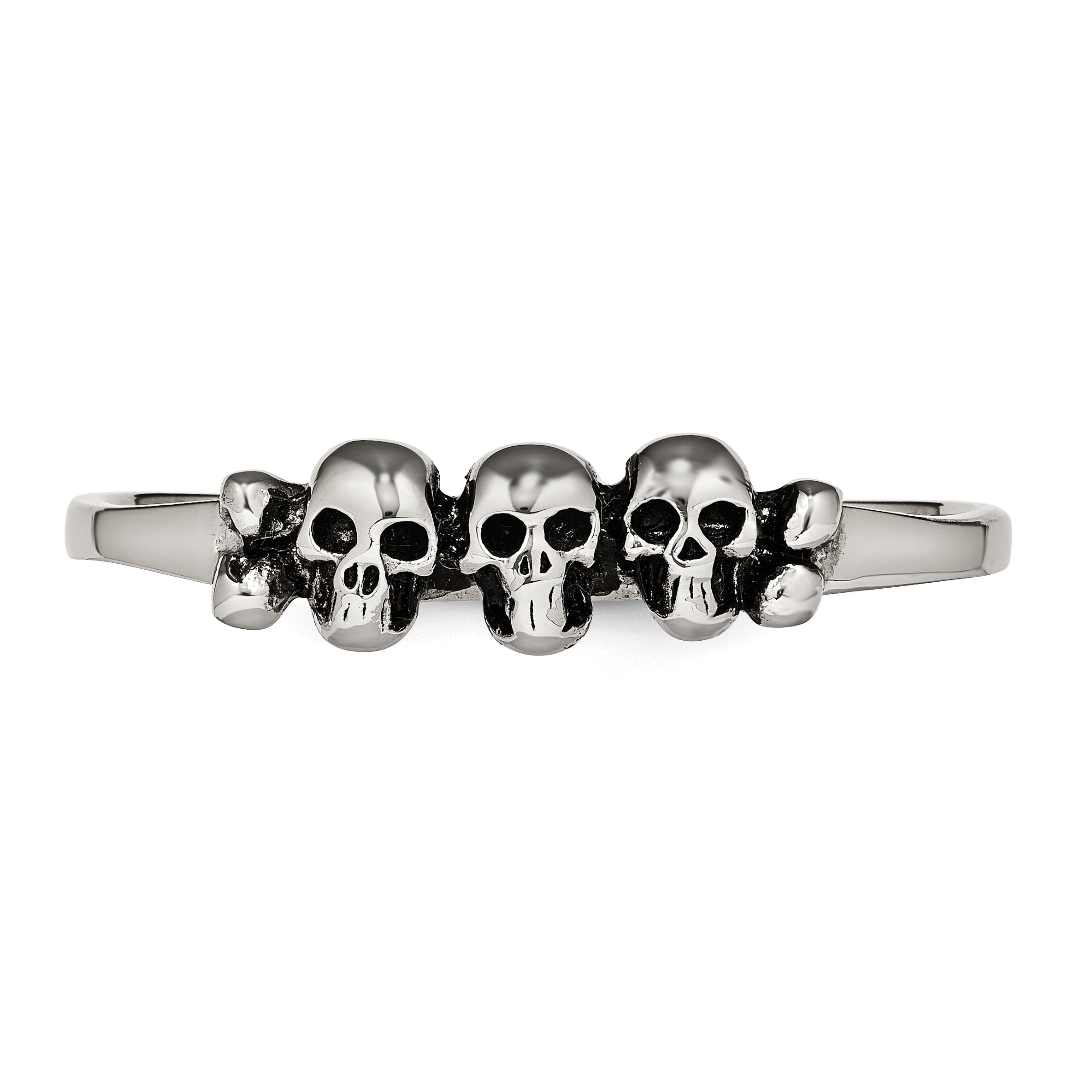 Stainless Steel Polished & Antiqued Two Finger Skulls Ring