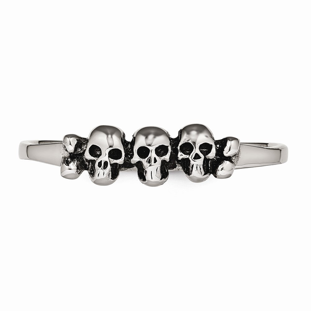 Stainless Steel Polished & Antiqued Two Finger Skulls Ring