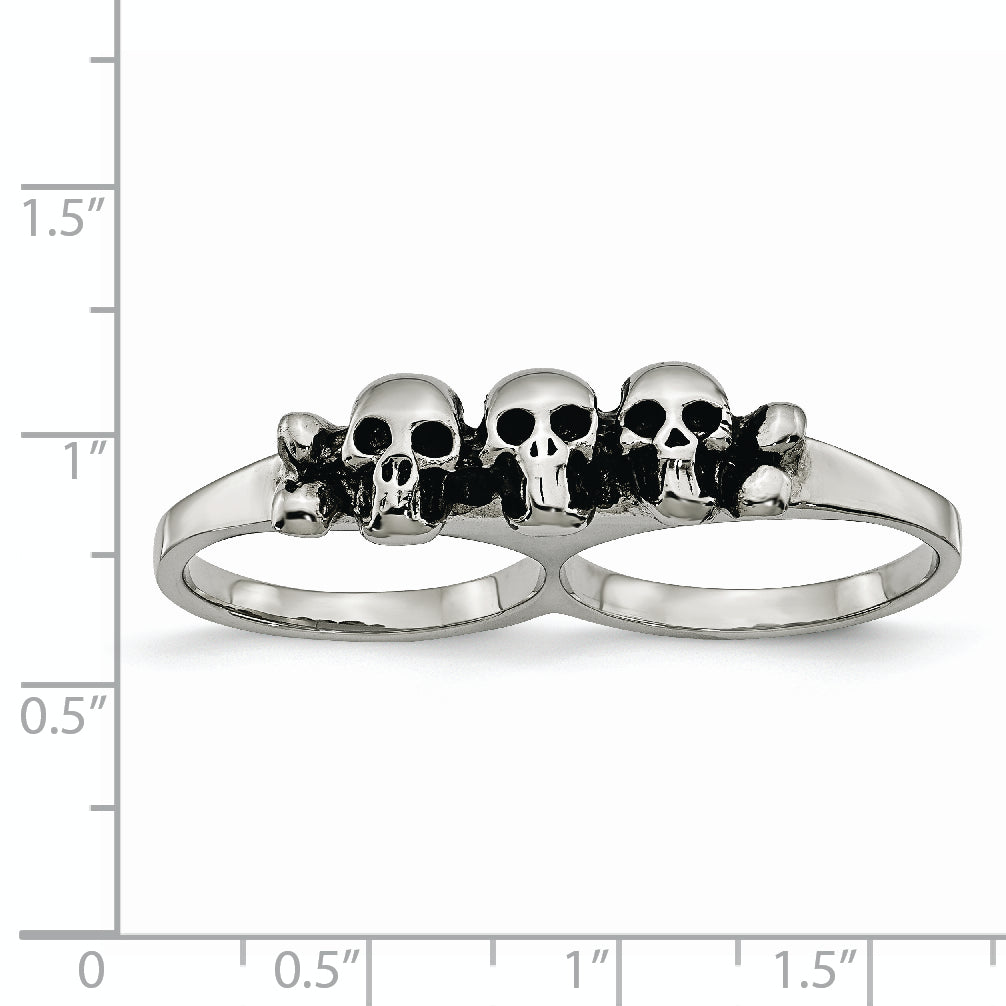 Stainless Steel Polished & Antiqued Two Finger Skulls Ring