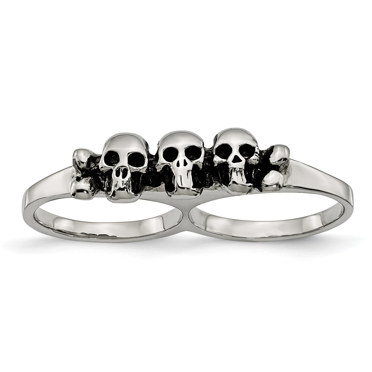 Stainless Steel Polished & Antiqued Two Finger 8/9 Skulls Ring