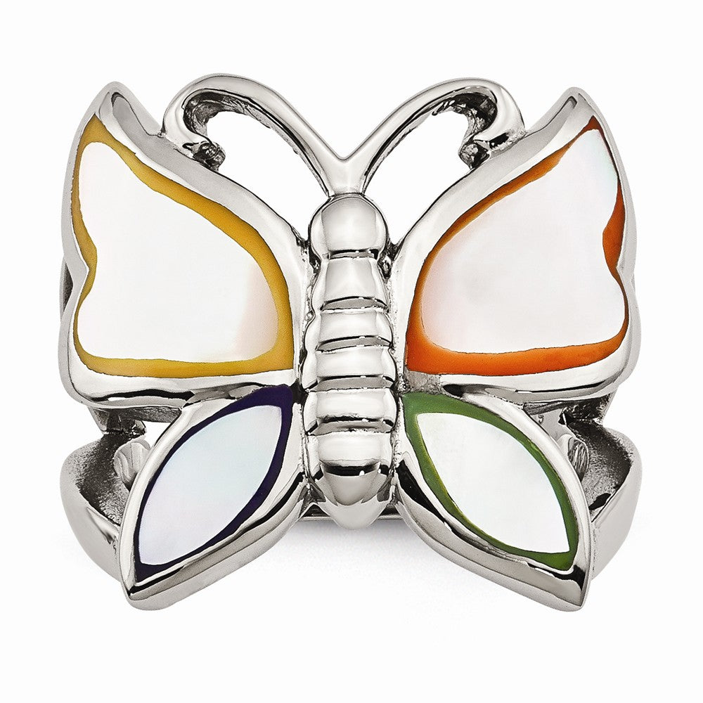 Stainless Steel Polished and Enameled Shell Butterfly Ring