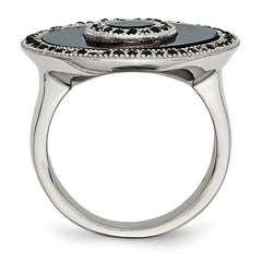 Stainless Steel Polished Black Mother of Pearl and Crystal Ring