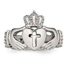 Stainless Steel Polished Claddagh with Cross Ring