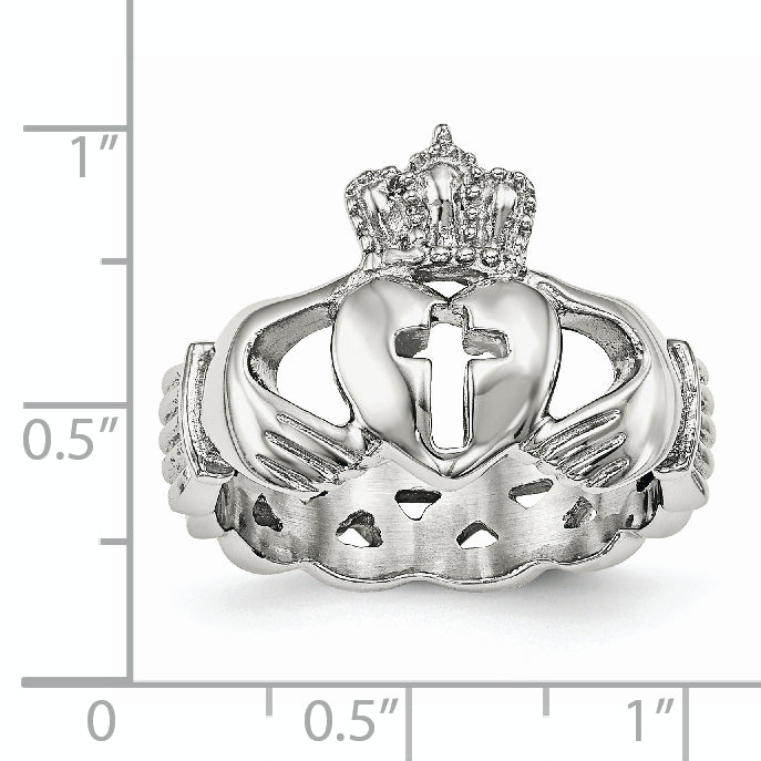 Stainless Steel Polished Claddagh with Cross Ring