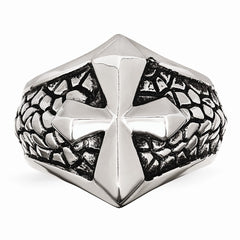 Stainless Steel Antiqued Cross & Caviar Ring