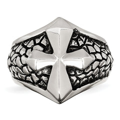 Stainless Steel Antiqued Polished and Textured Cross Ring