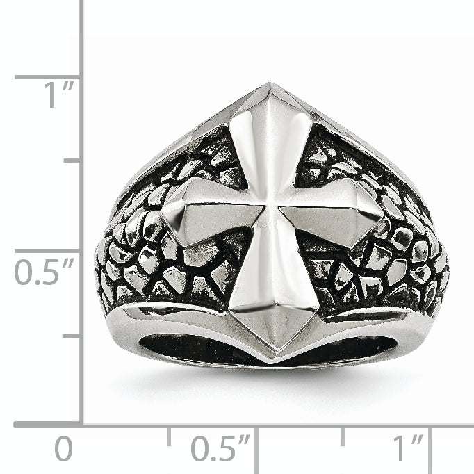 Stainless Steel Antiqued Polished and Textured Cross Ring