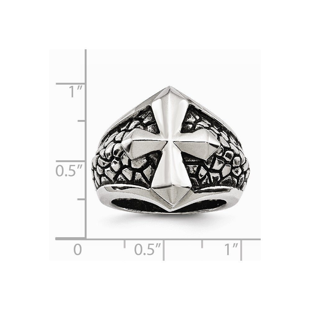 Stainless Steel Antiqued Cross & Caviar Ring