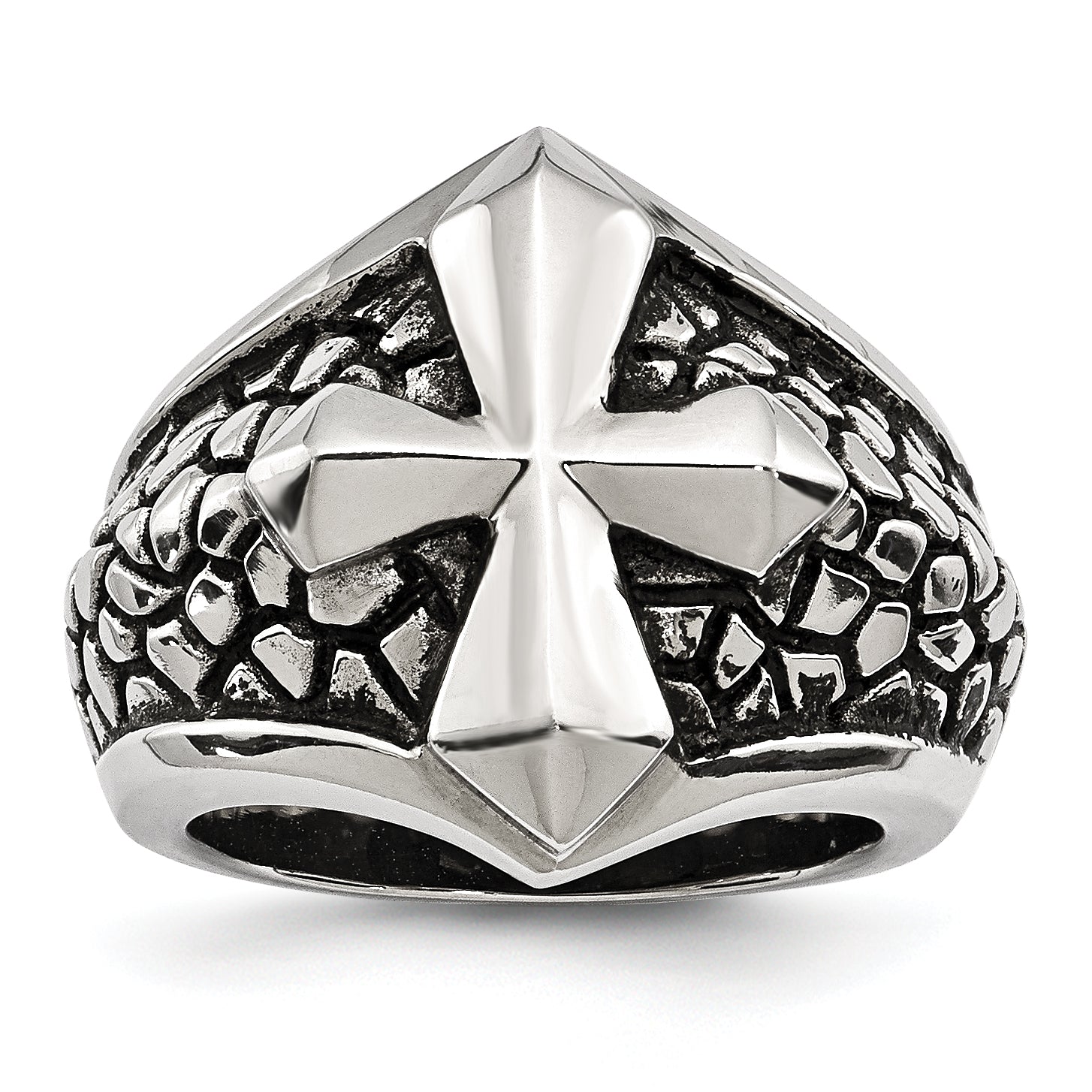 Stainless Steel Antiqued Polished and Textured Cross Ring