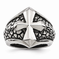 Stainless Steel Antiqued Cross & Caviar Ring