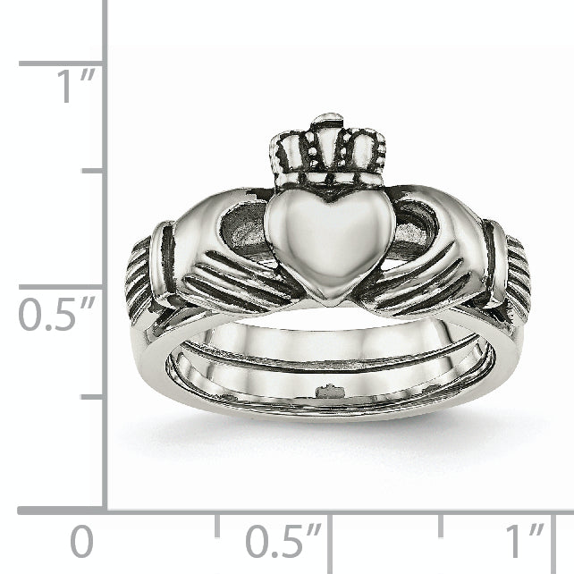 Stainless Steel Antiqued Love, Loyalty, Friendship Claddagh Hinged Ring