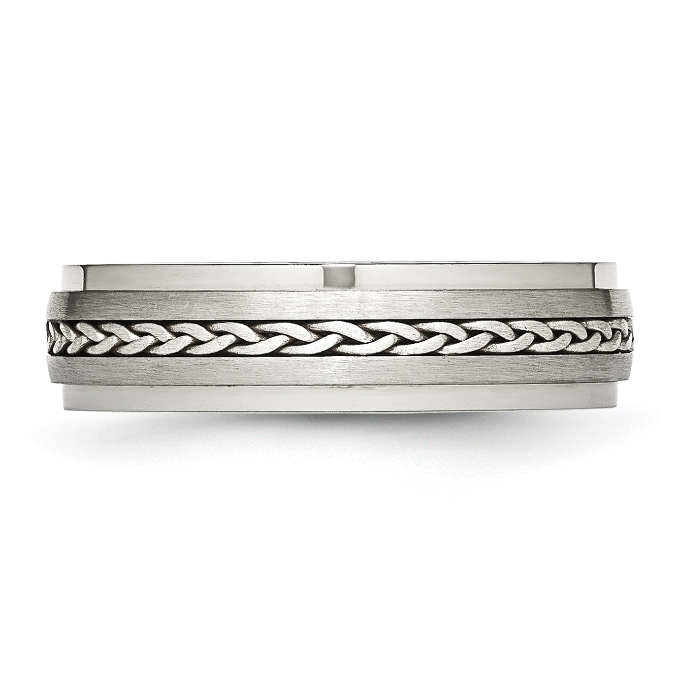 Stainless Steel WithSterling Silver Braid Inlay Brushed/Polished 6mm Band