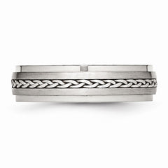 Stainless Steel Polished & Brushed w/Silver Braid Inlay Ring