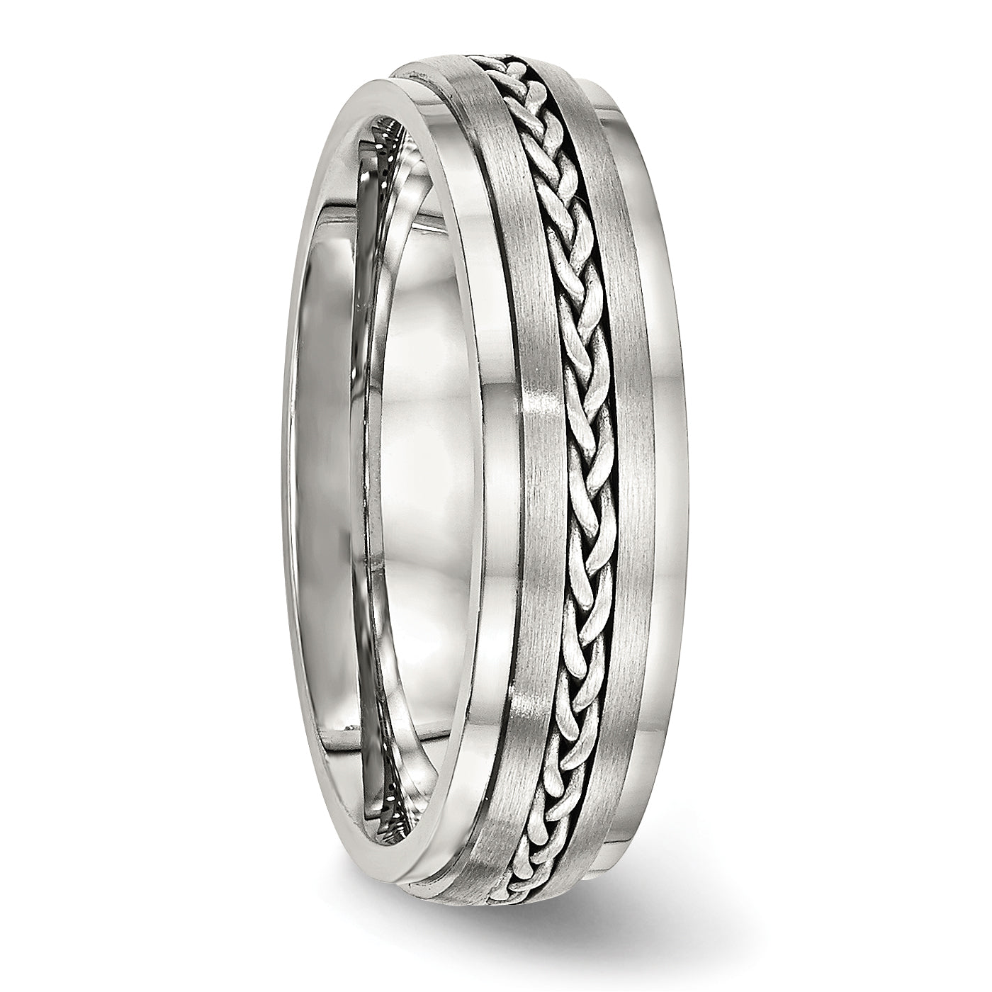 Stainless Steel WithSterling Silver Braid Inlay Brushed/Polished 6mm Band