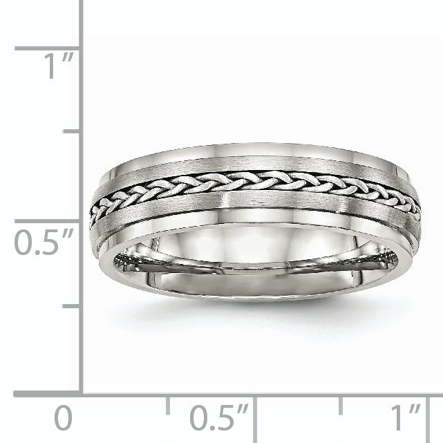 Stainless Steel WithSterling Silver Braid Inlay Brushed/Polished 6mm Band