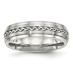 Stainless Steel WithSterling Silver Braid Inlay Brushed/Polished 6mm Band