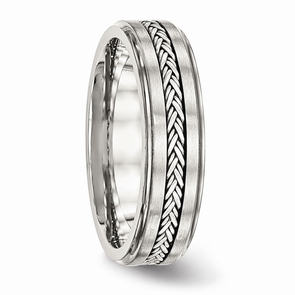 Stainless Steel Polished & Brushed w/Silver Braid Inlay Ring