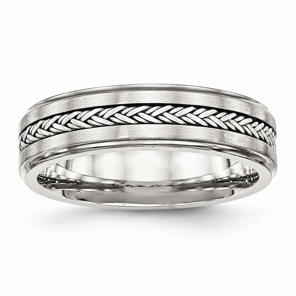 Stainless Steel Polished & Brushed w/Silver Braid Inlay Ring