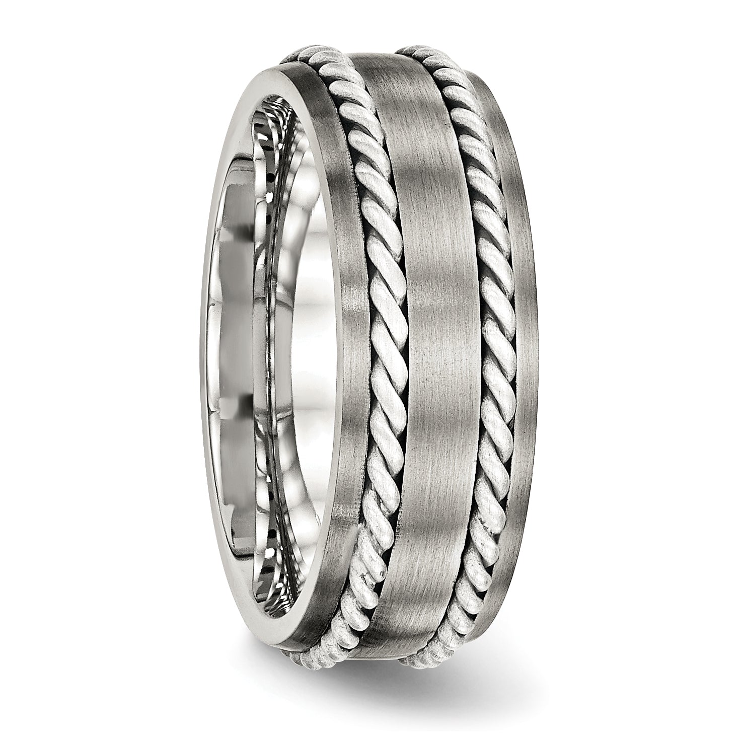 Stainless Steel WithSterling Silver Double Twisted Brushed 8mm Band