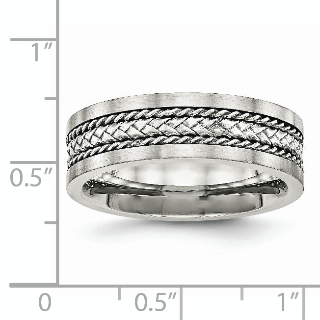 Stainless Steel WithSterling Silver Inlay Polished/Brushed Edge 7mm Band