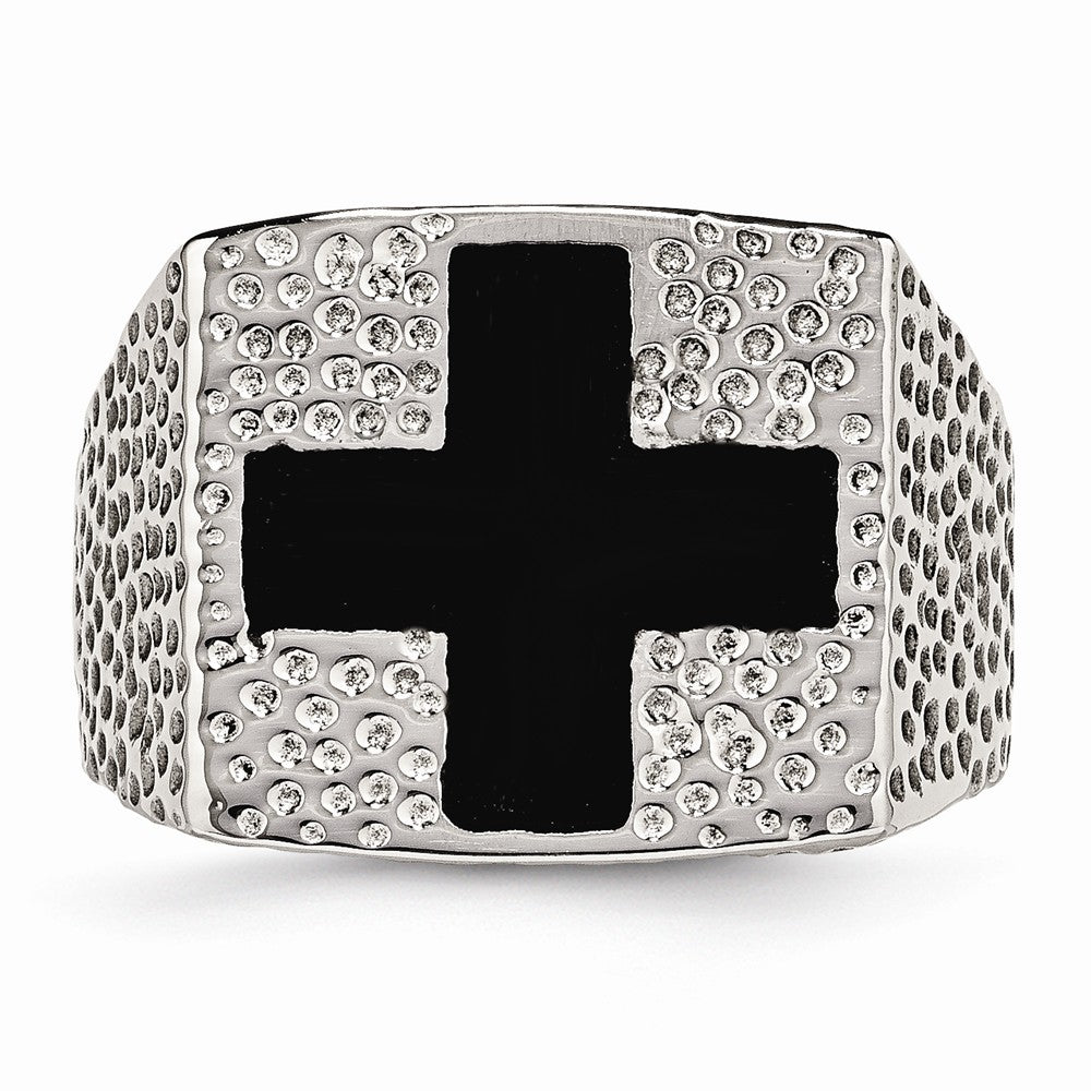 Stainless Steel Textured Black Enameled Cross Ring