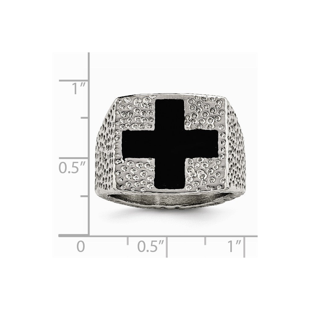 Stainless Steel Textured Black Enameled Cross Ring