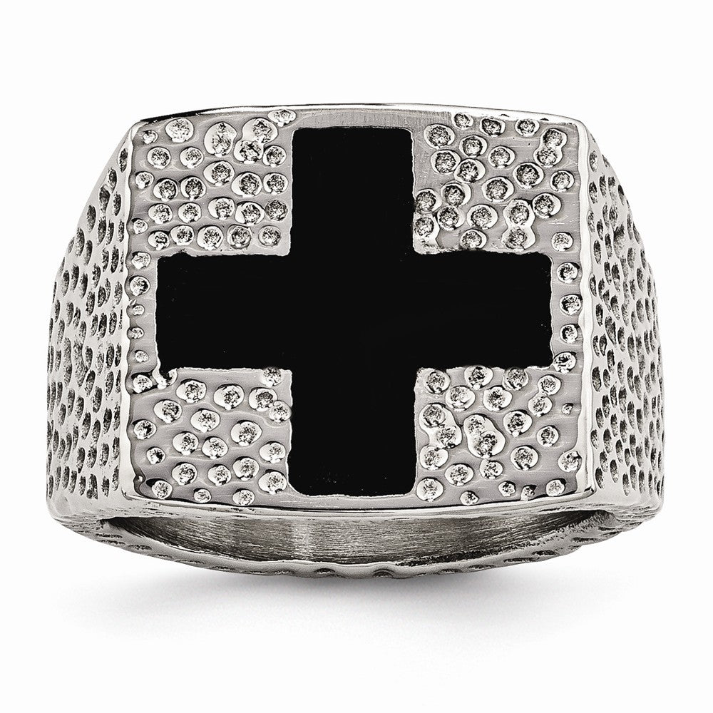 Stainless Steel Textured Black Enameled Cross Ring