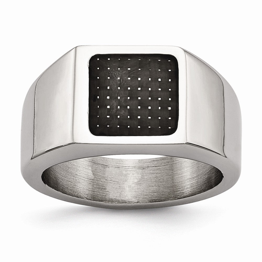 Stainless Steel Polished Signet Carbon Fiber Inlay Ring