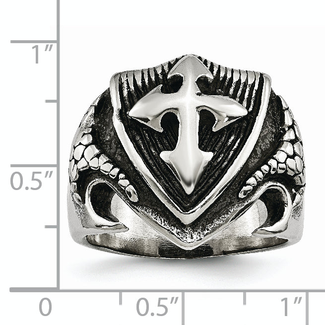 Stainless Steel Antiqued Polished and Textured Shield Ring