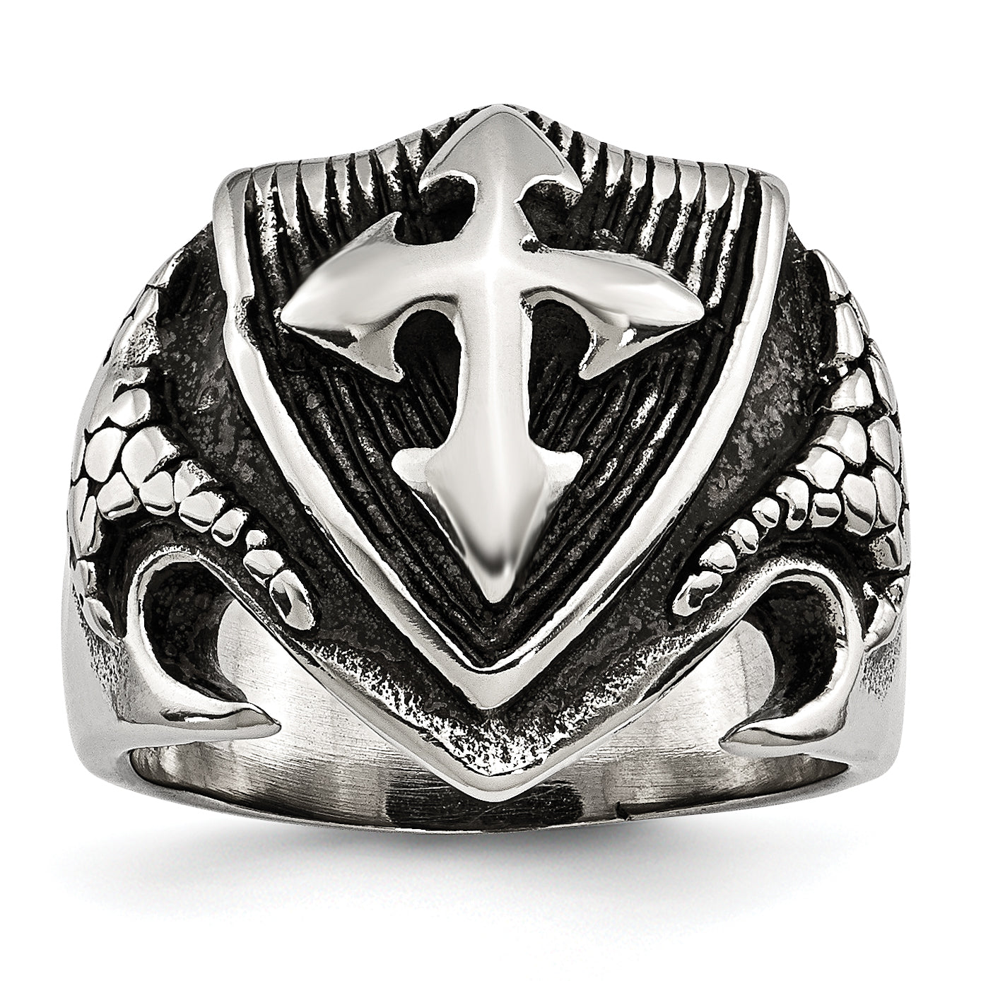 Stainless Steel Antiqued Polished and Textured Shield Ring