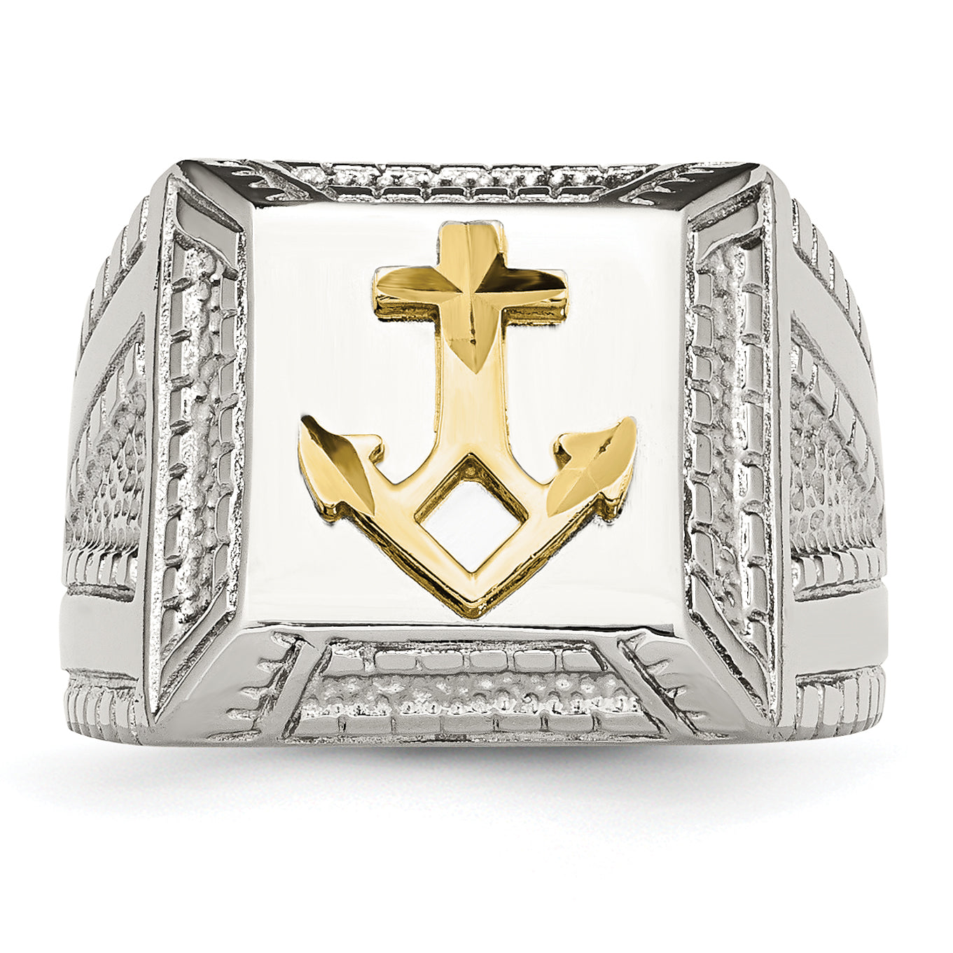 Stainless Steel Polished WithSterling Silver Yellow IP-plated Anchor Ring