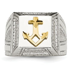 Stainless Steel Polished WithSterling Silver Yellow IP-plated Anchor Ring