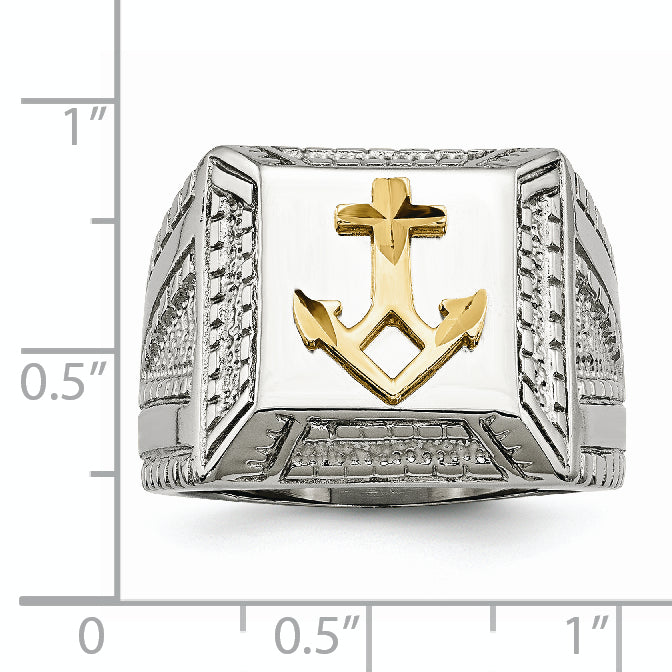 Stainless Steel Polished WithSterling Silver Yellow IP-plated Anchor Ring