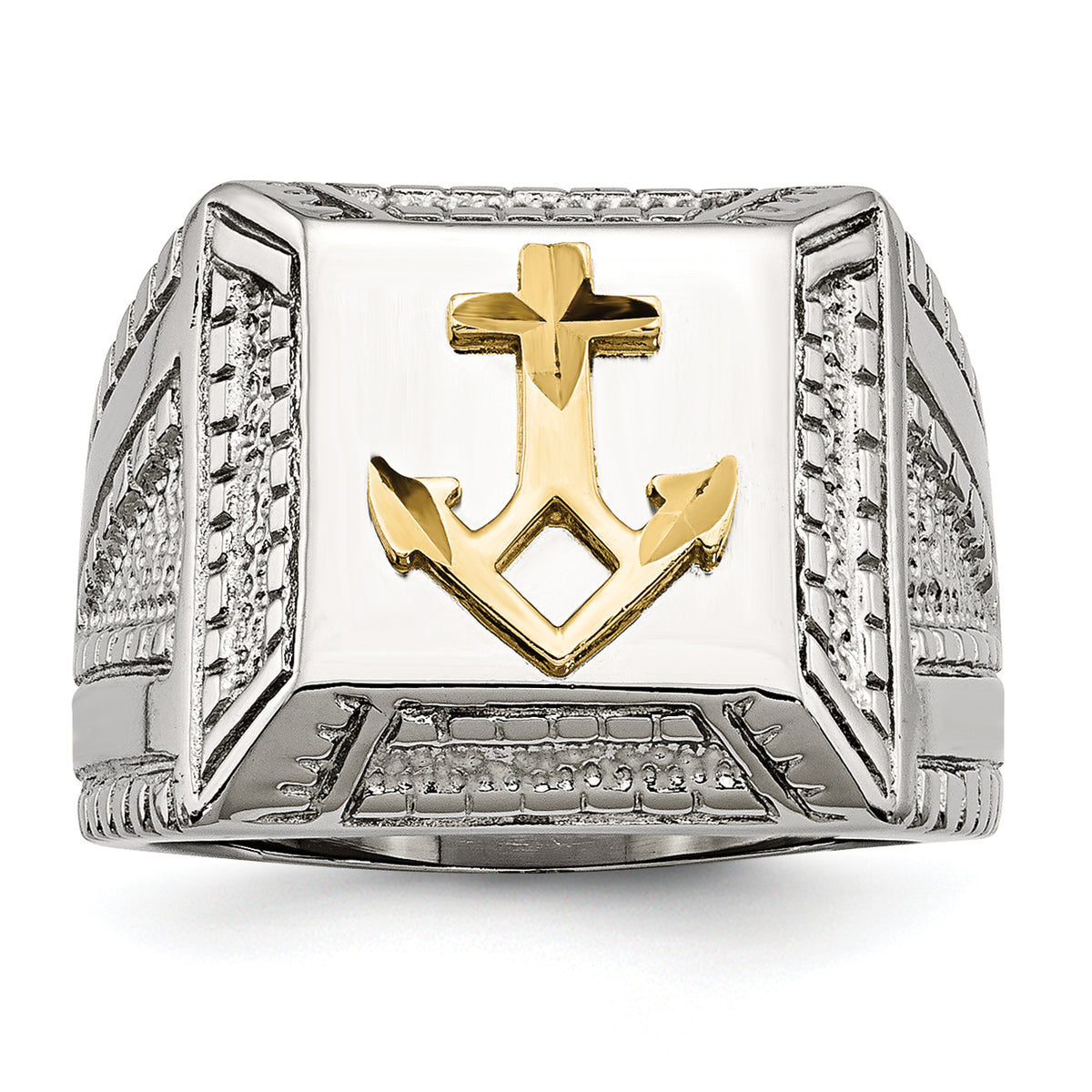 Stainless Steel Polished WithSterling Silver Yellow IP-plated Anchor Ring