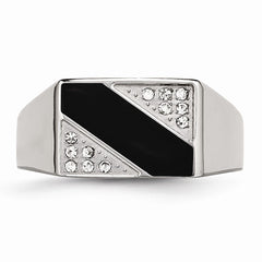 Stainless Steel Polished Black Enameled CZ Signet Ring