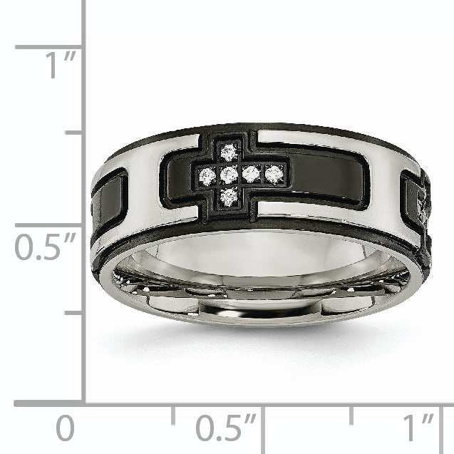 Stainless Steel Polished Black IP-plated with CZ Cross 8mm Band