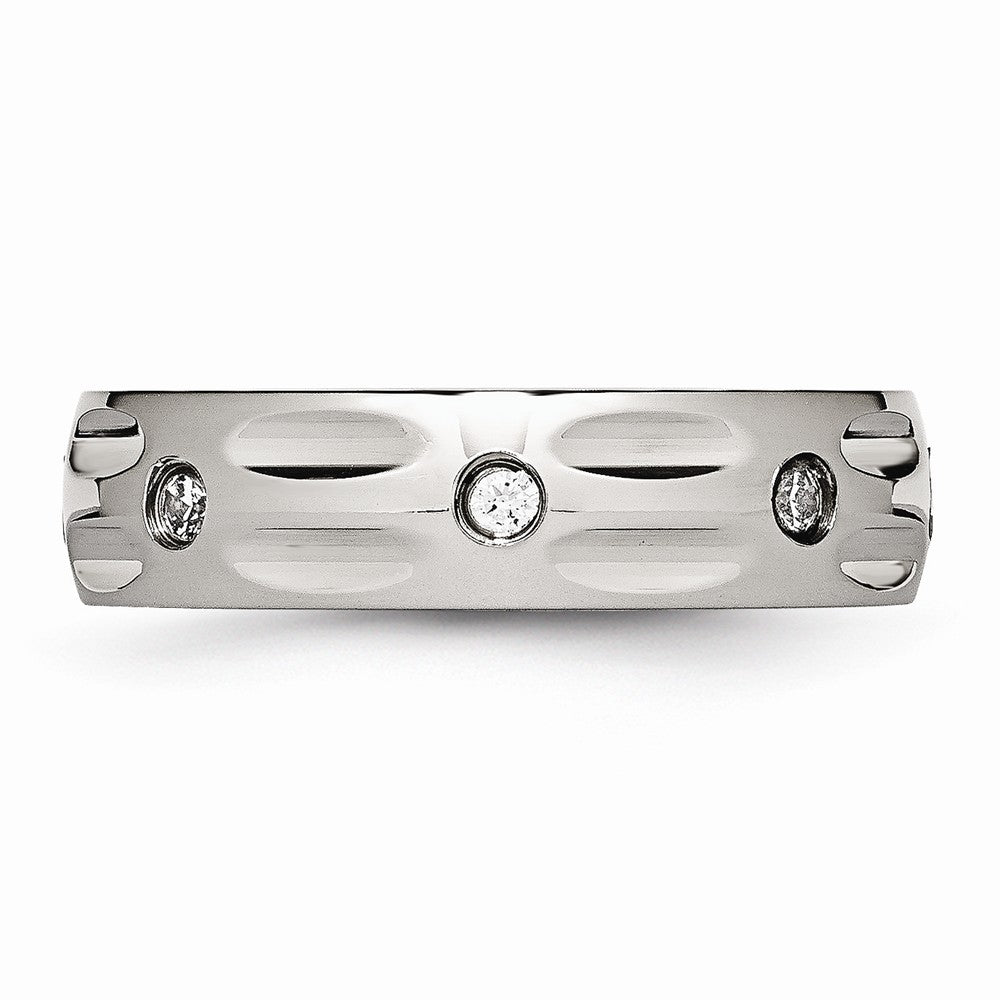 Sophia Jewelers Polished Stainless Steel Grooved CZ Wedding Band