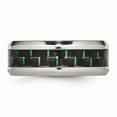 Stainless Steel Polished Black/Green Carbon Fiber Inlay Ring