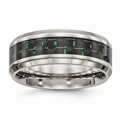 Stainless Steel Wedding Band with Black Carbon Fiber Inlay Polished Finish