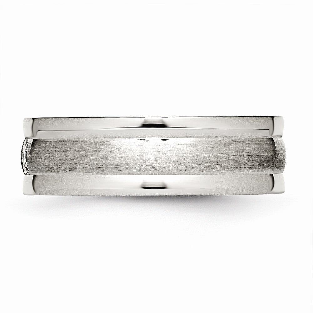 Stainless Steel Polished and Brushed Grooved CZ Ring