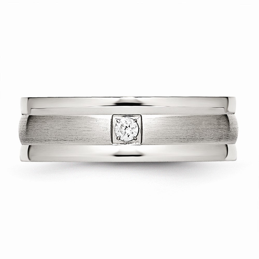 Sophia Jewelers Stainless Steel Grooved CZ Wedding Band Polished & Brushed Elegance