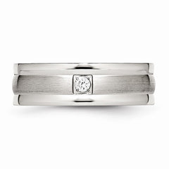 Stainless Steel Polished and Brushed Grooved CZ Ring